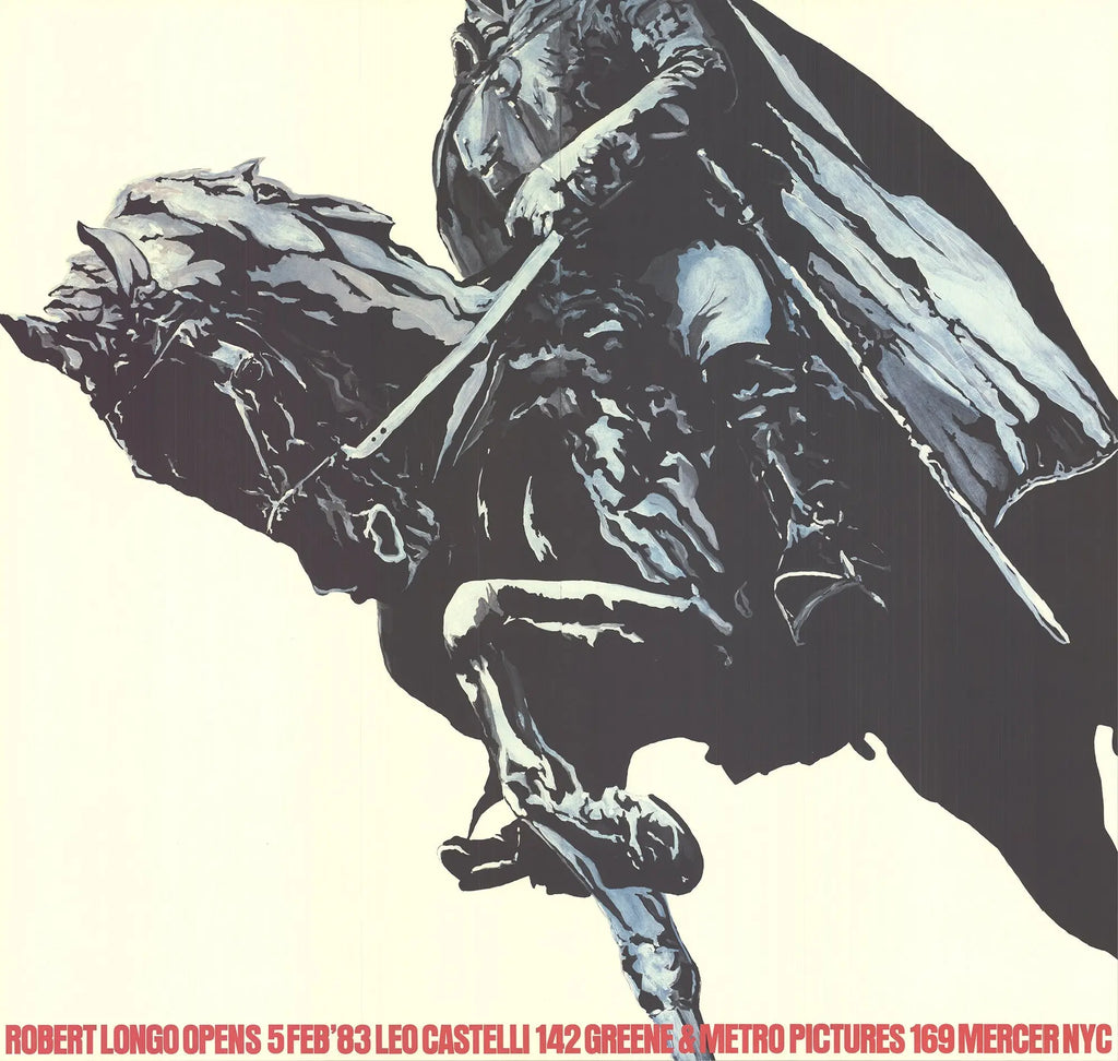 Robert Longo 1983 lithograph poster from Leo Castelli Gallery exhibition, featuring bold black-and-white abstract artwork.