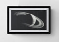Framed Robert Longo Saturn 2006 exhibition postcard lithograph showing abstract Saturn design in black and white.