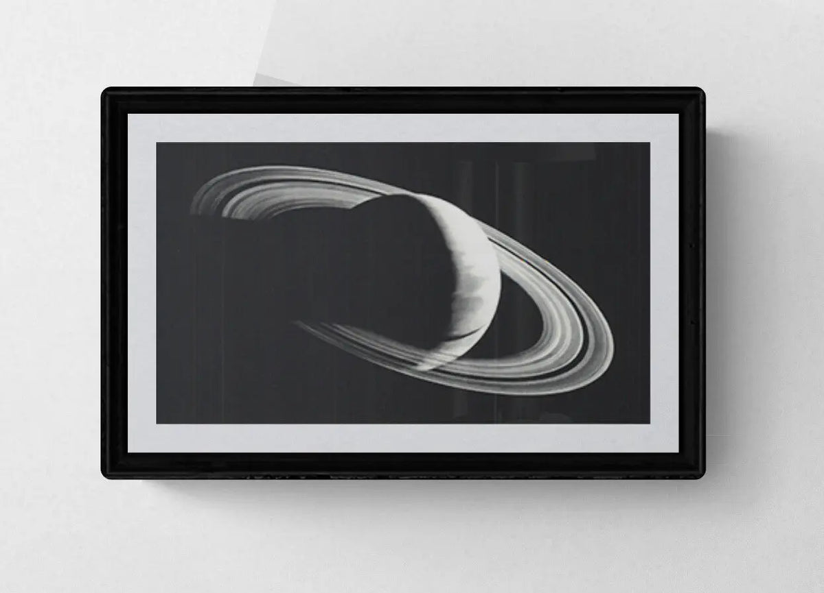 Framed Robert Longo Saturn 2006 exhibition postcard lithograph showing abstract Saturn design in black and white.