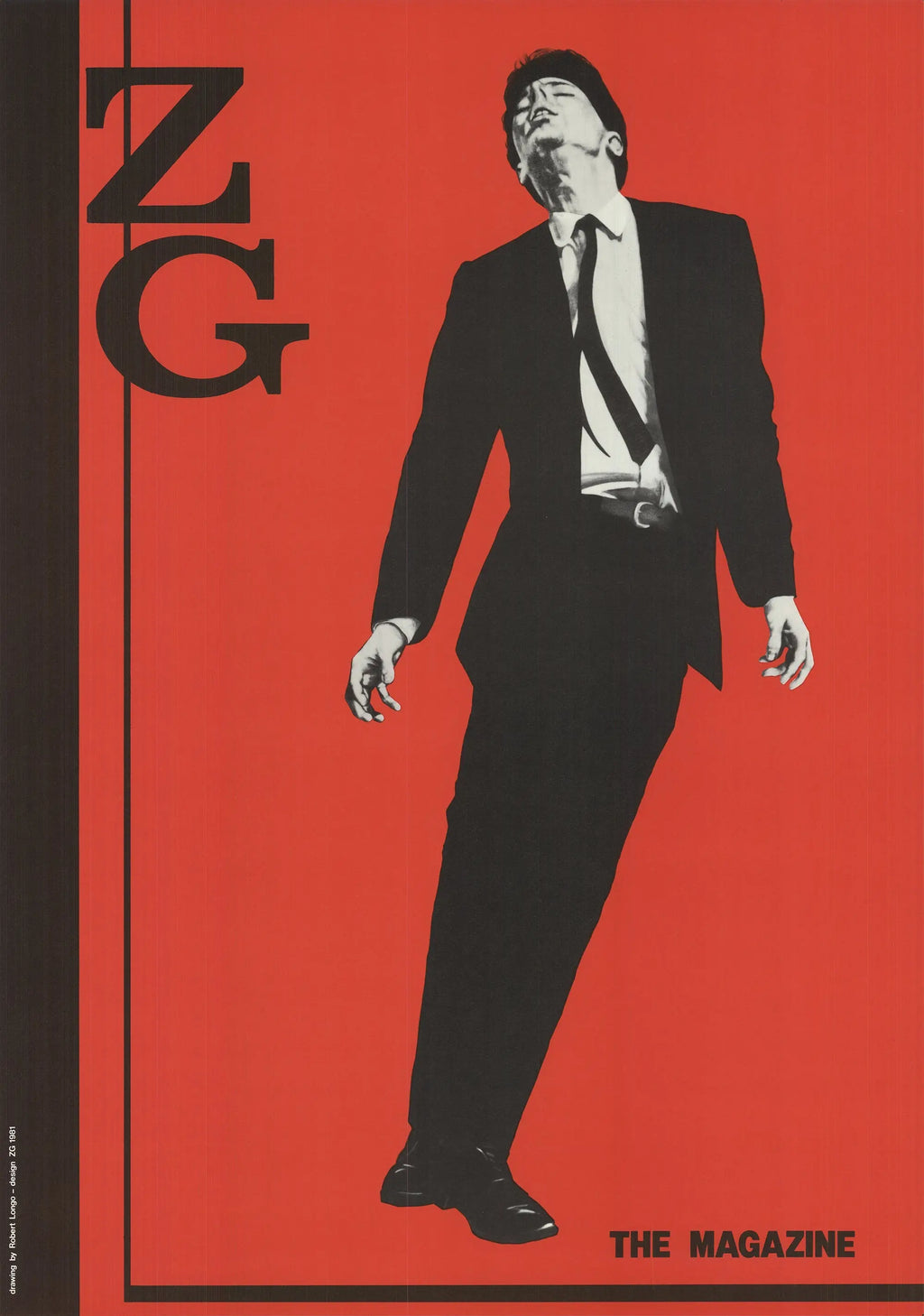 Offset lithograph poster by Robert Longo featuring Jack Goldstein from ZG Magazine, 1981, displayed on a wall.