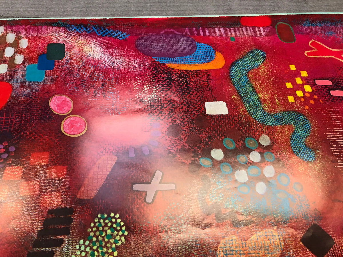 Colorful abstract lithograph by Robert Natkin on an exhibition poster featuring vibrant shapes and bold design elements.
