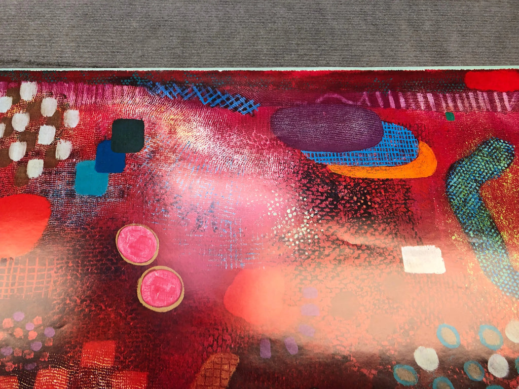 Colorful abstract lithograph by Robert Natkin on an exhibition poster, featuring vibrant shapes and bold brushstrokes.