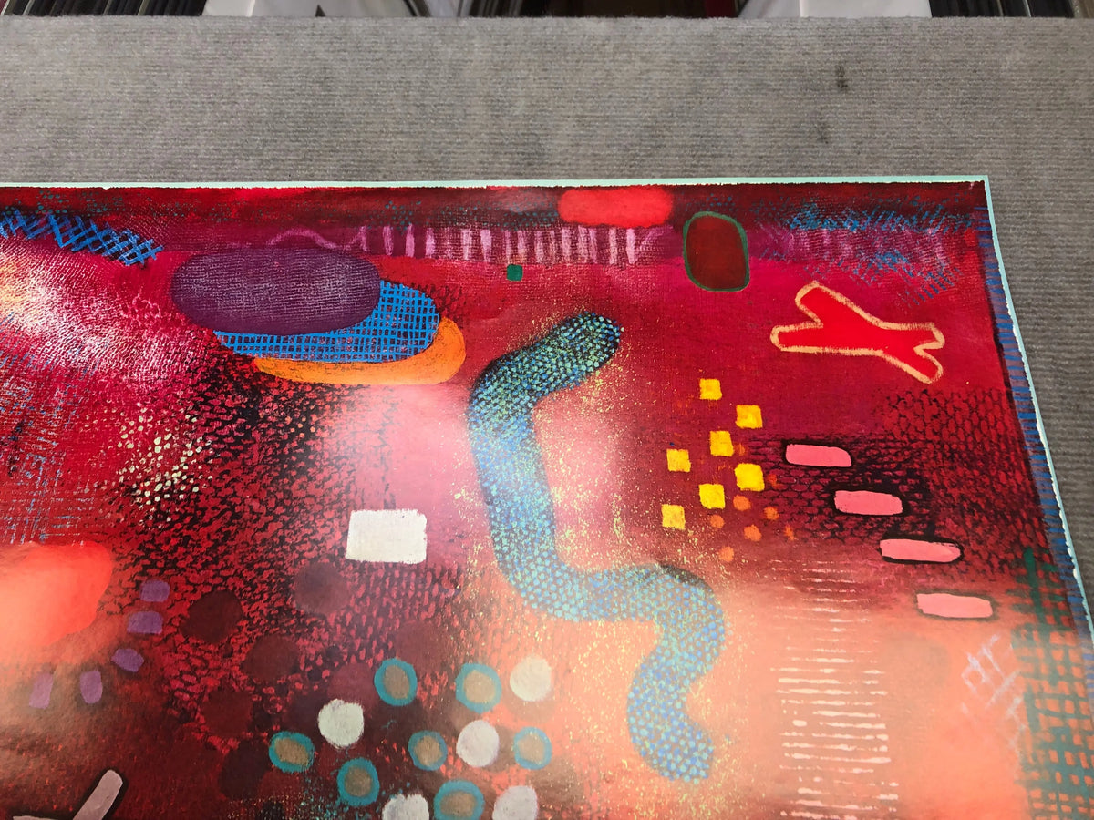 Colorful abstract lithograph by Robert Natkin on an exhibition poster, showcasing vibrant shapes and bold artistic design.