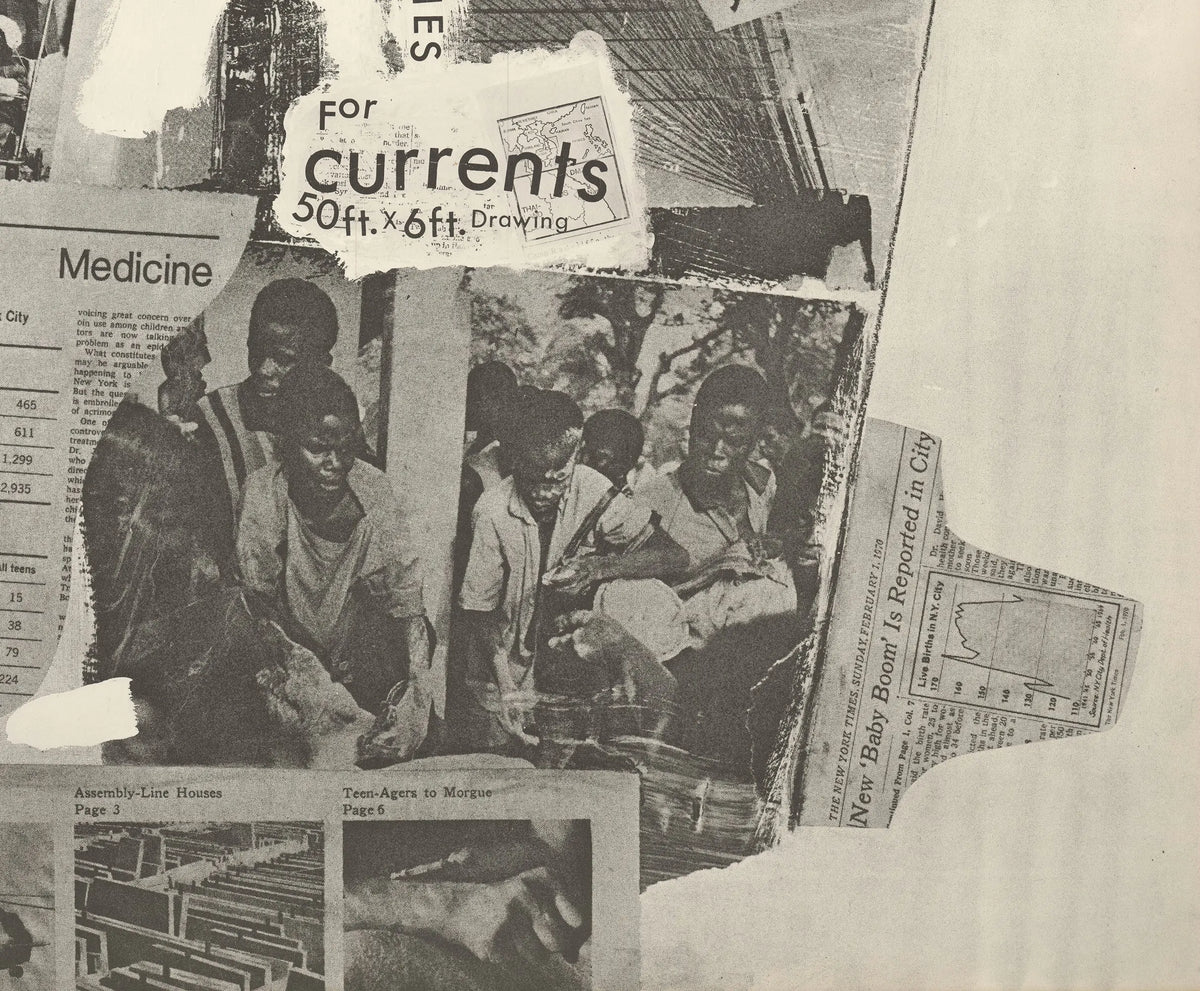 Close-up of Robert Rauschenberg's drawing and studies for the 1970 exhibition poster, showcasing his artistic sketches and style.