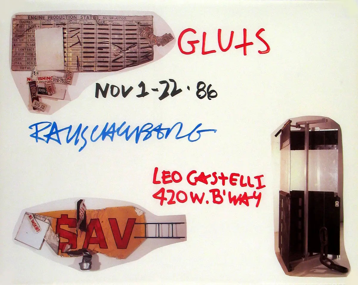 Vintage Robert Rauschenberg Gluts 1986 offset lithograph poster showcasing abstract artwork from the exhibition.