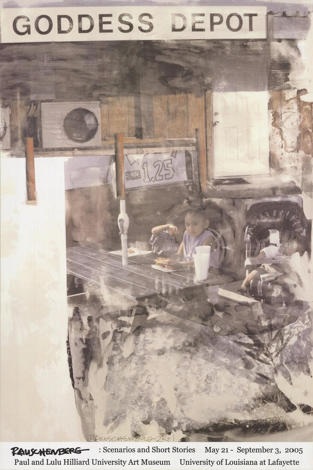Offset lithograph art poster of Robert Rauschenberg's Goddess Depot from the 2005 exhibition, featuring vibrant abstract imagery.