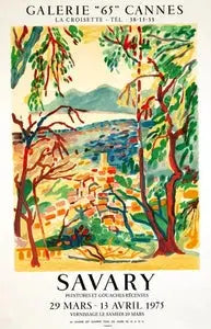 Original Robert Savary vintage poster featuring Galerie 65 Cannes and Grasse from 1975, showcasing colorful artistic design.