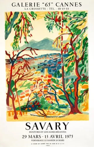 Original Robert Savary vintage poster from Galerie 65 Cannes Grasse, circa 1975, featuring abstract artwork by the artist.