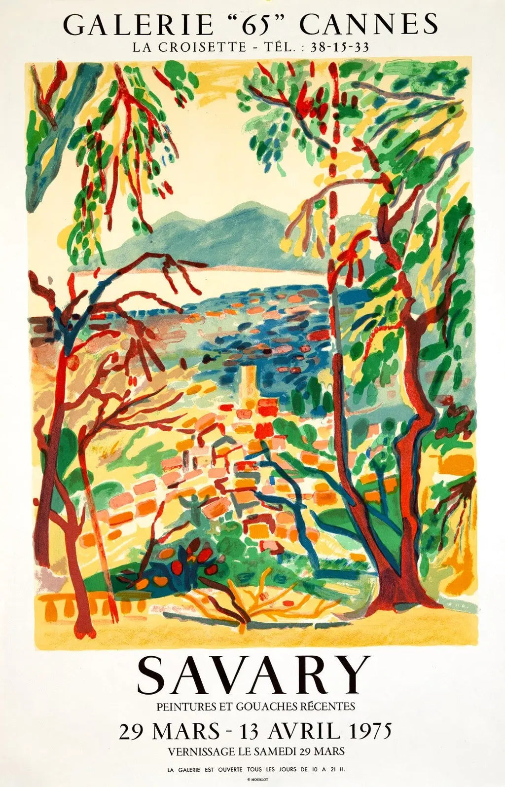 Vintage Robert Savary poster from Galerie 65 featuring Cannes and Grasse scenes, dated 1975, showcasing colorful artwork.