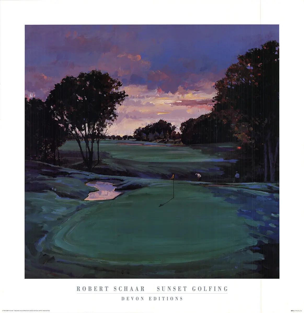 Vintage Robert Schaar Sunset Golfing 1992 offset lithograph poster featuring a golfer at sunset, with vibrant colors and classic style.