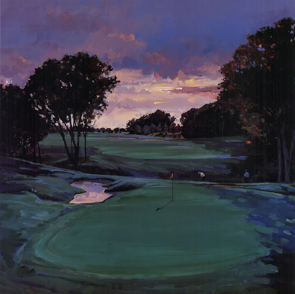 Vintage Robert Schaar Sunset Golfing 1992 offset lithograph poster featuring a golfer at sunset in warm tones.