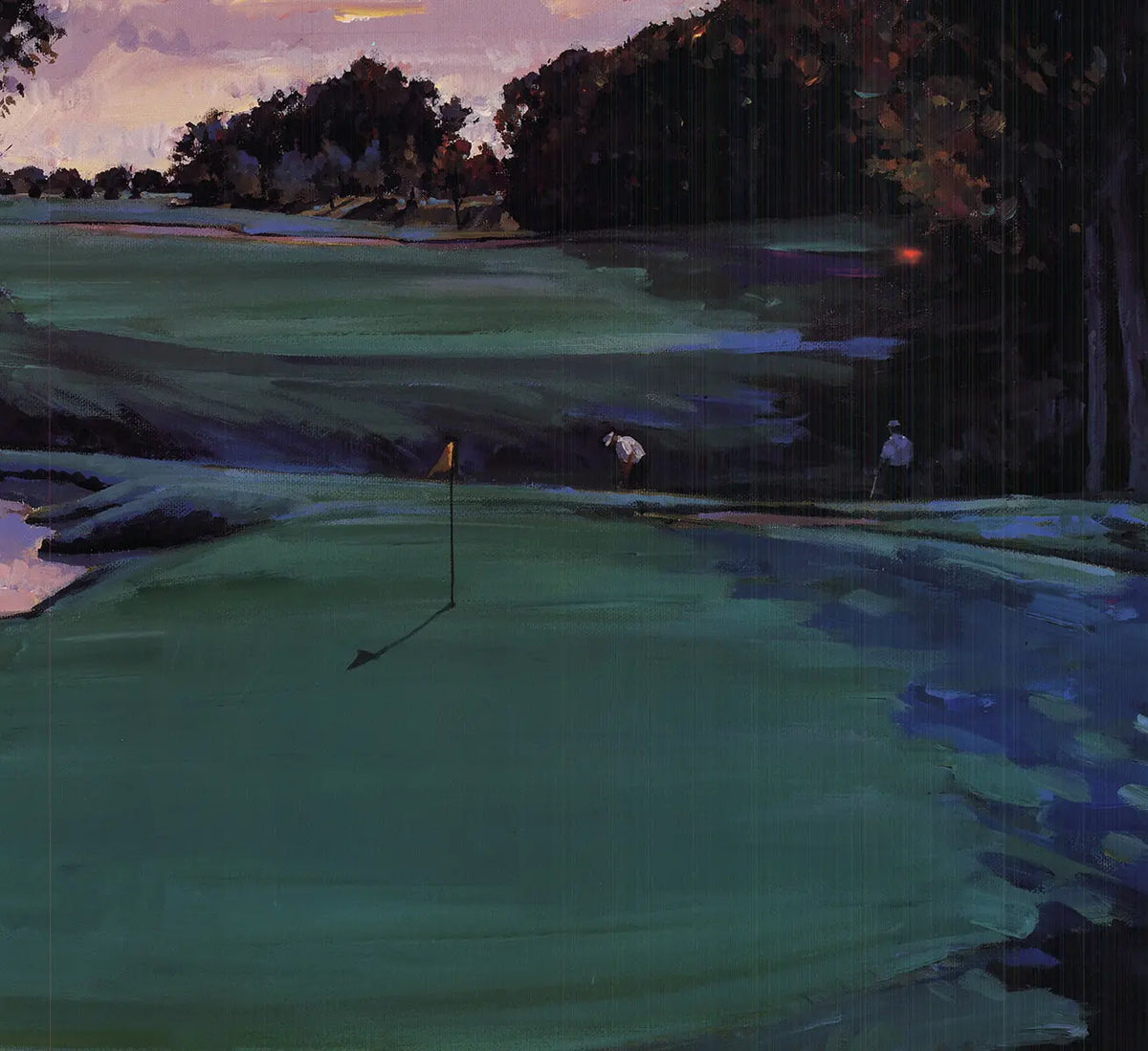 Vintage Robert Schaar Sunset Golfing 1992 offset lithograph poster depicting a golfer at sunset scene.