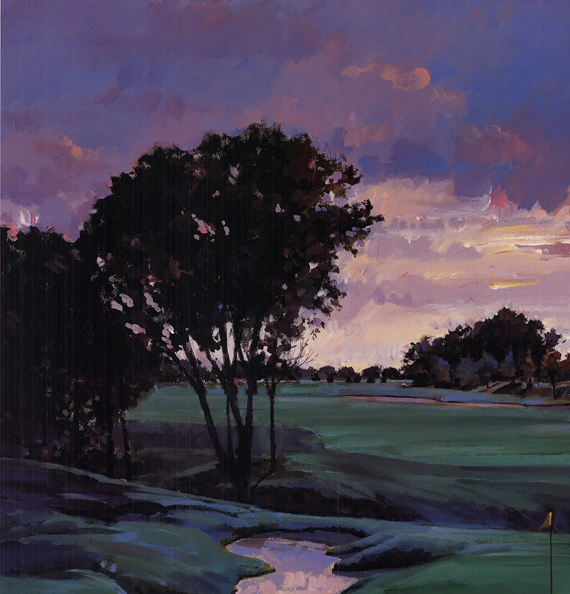 Vintage Robert Schaar Sunset Golfing 1992 offset lithograph poster, featuring a scenic golf course scene with warm sunset tones.