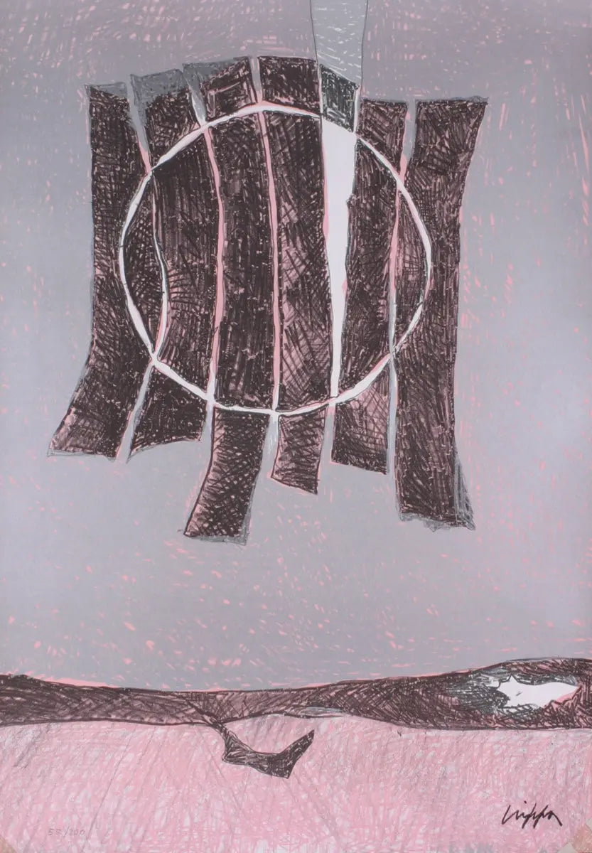 Abstract lithograph art poster by Roberto Crippa featuring a 1972 conceptual landscape with bold shapes and textured details.