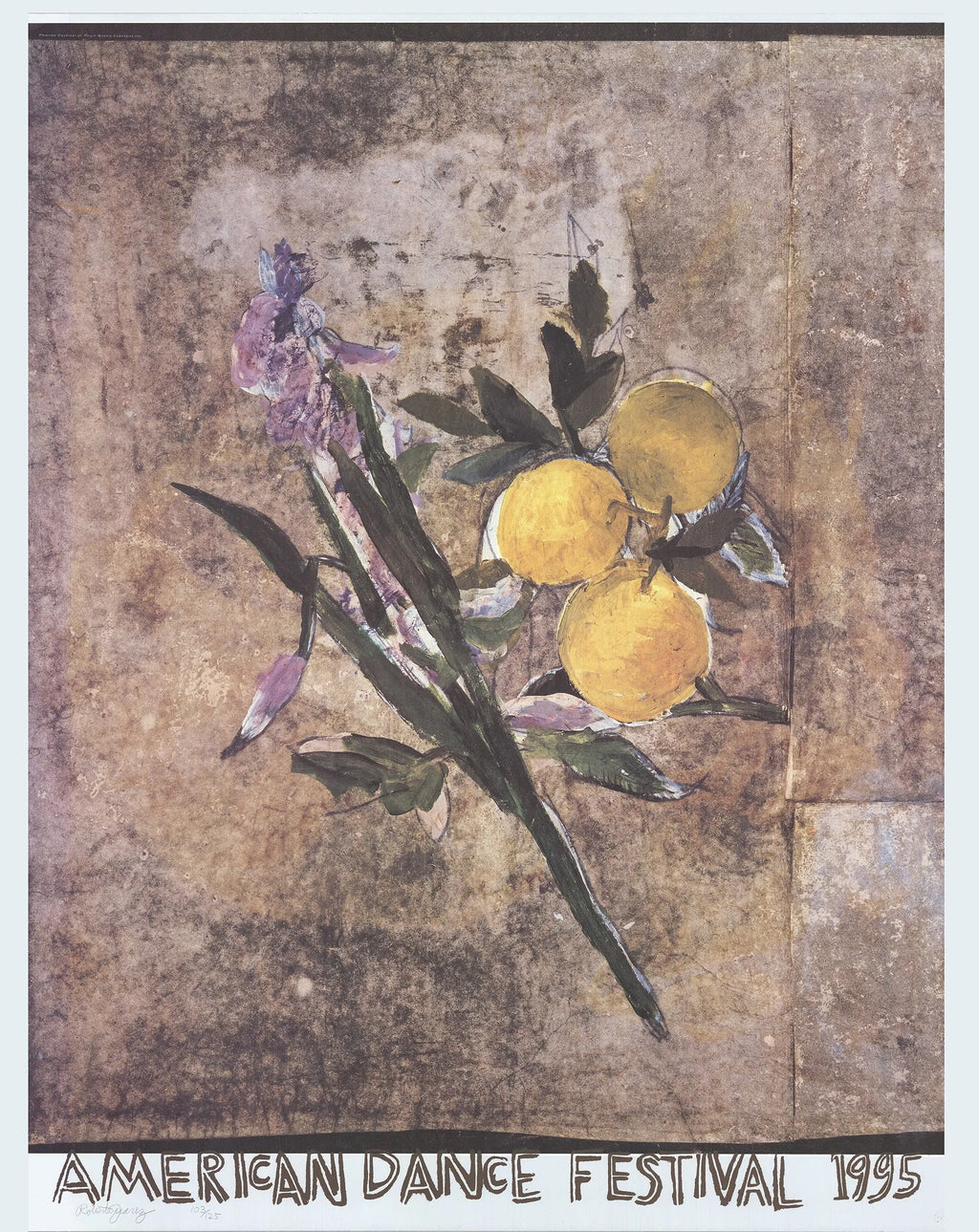 Signed mixed media poster by Roberto Juarez for the 1995 American Dance Festival, featuring vibrant artistic design and signature.