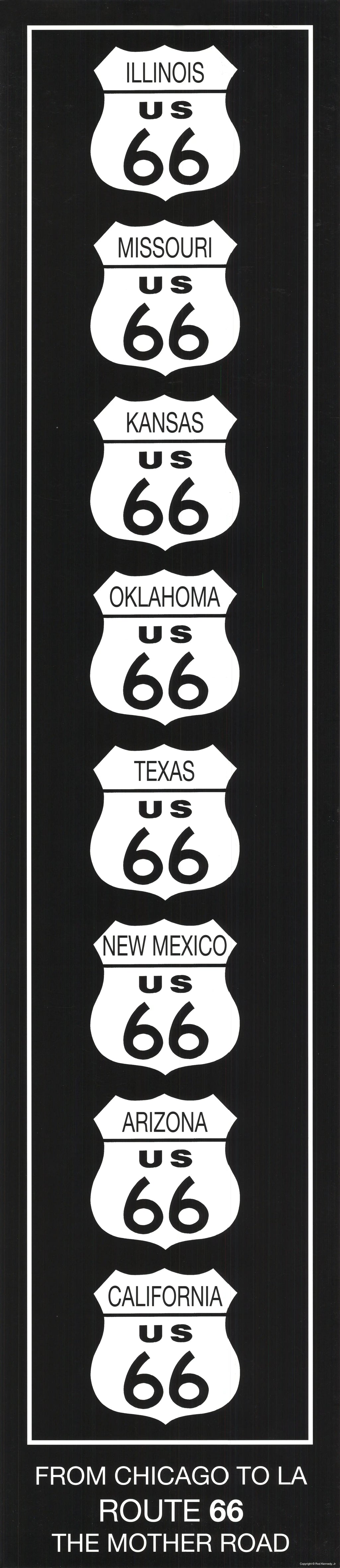 Black and white vintage Route 66 art poster by Rod Kennedy featuring classic American highway imagery.
