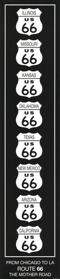 Black and white vintage Route 66 art poster by Rod Kennedy featuring classic American highway imagery.
