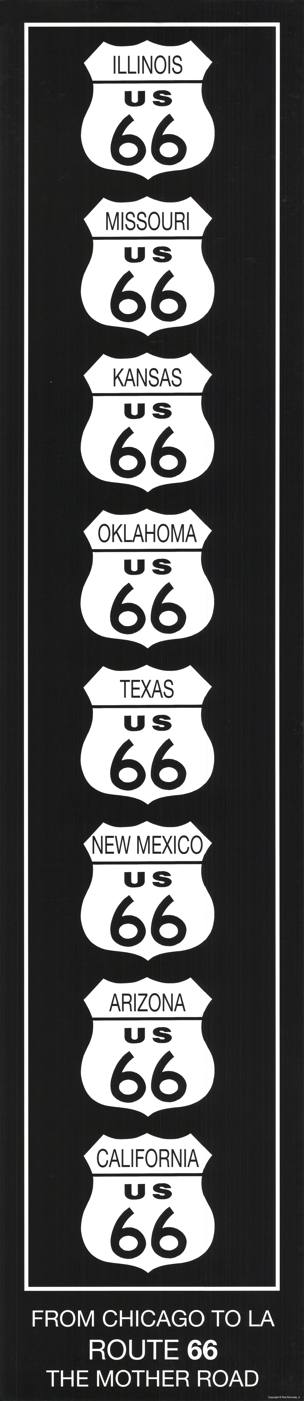 Black and white vintage Route 66 art poster by Rod Kennedy featuring classic American highway imagery.