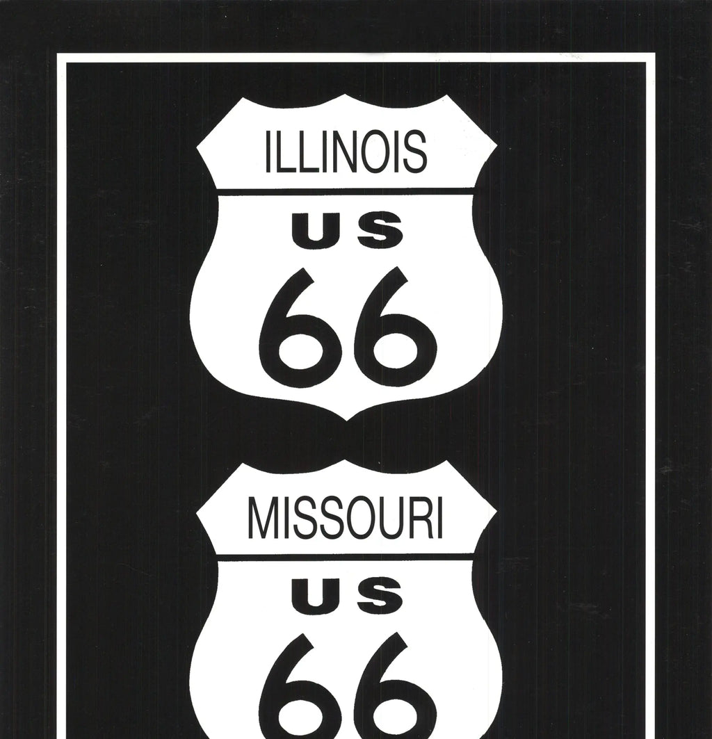 Black and white vintage Route 66 art poster by Rod Kennedy featuring classic roadside imagery and retro design.