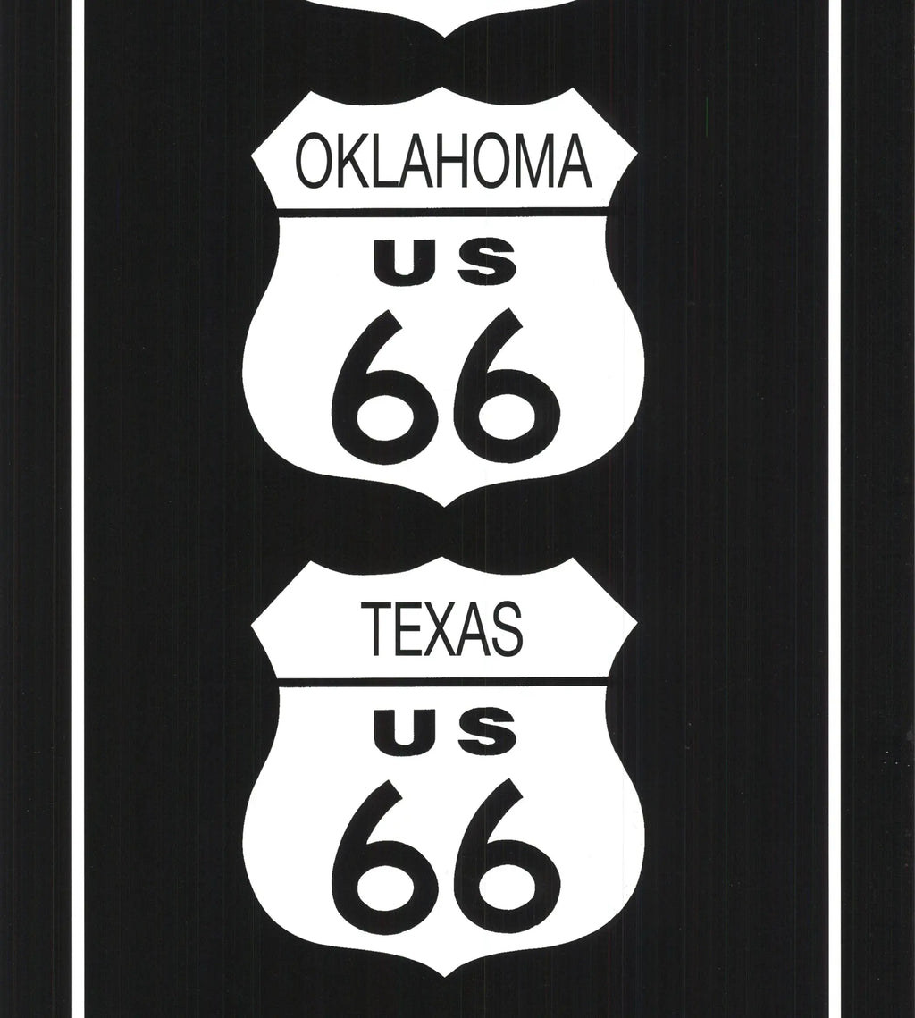 Black and white vintage Route 66 art poster by Rod Kennedy featuring classic highway imagery and nostalgic Americana design.