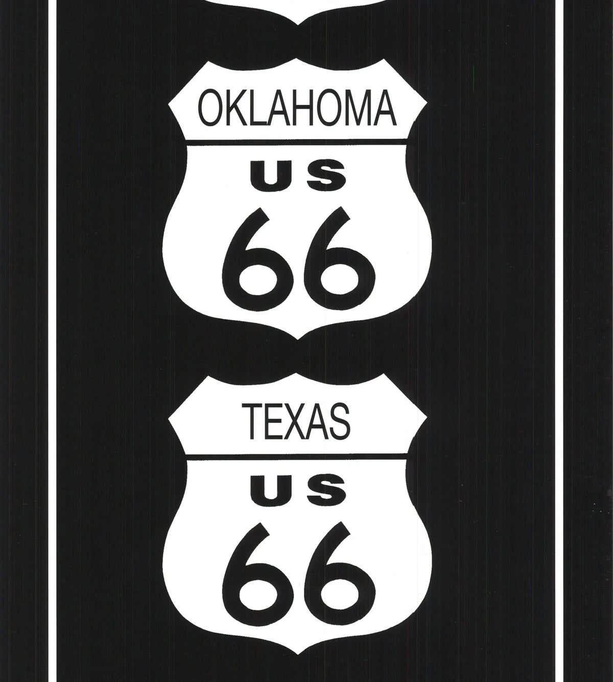 Black and white vintage Route 66 art poster by Rod Kennedy featuring classic highway imagery and nostalgic Americana design.