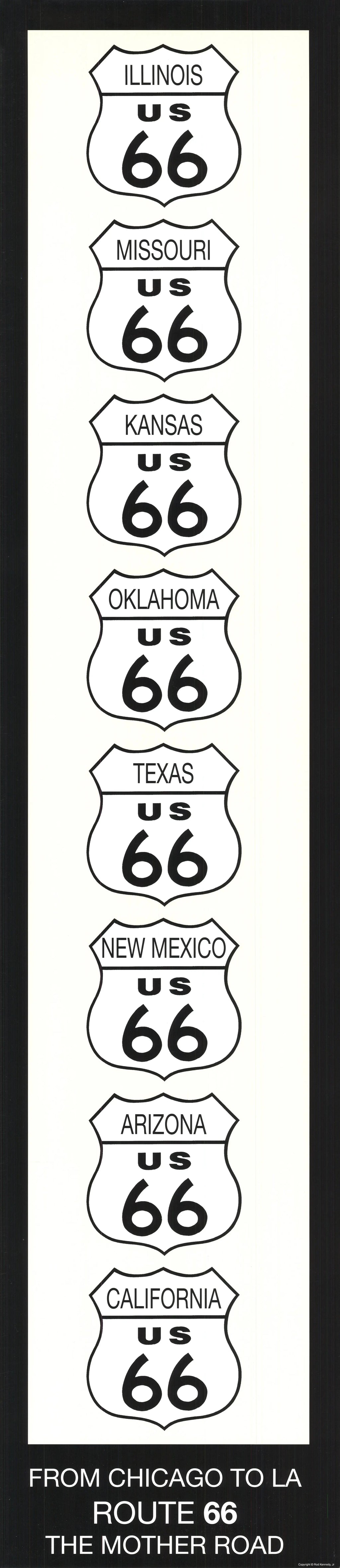 Rod Kennedy Route 66 vintage style offset lithograph art poster featuring classic American road scene and retro design.