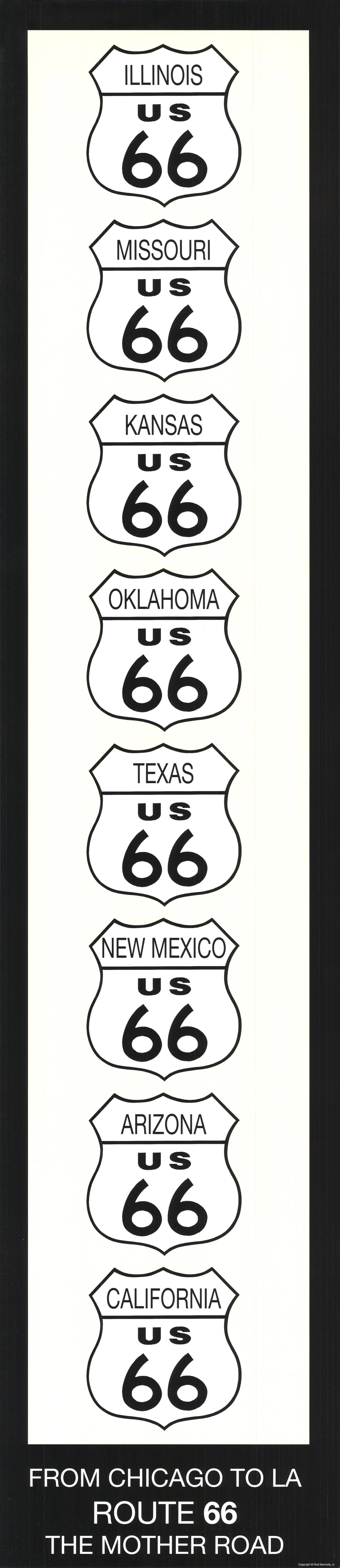 Rod Kennedy Route 66 vintage style offset lithograph art poster featuring classic American road scene and retro design.