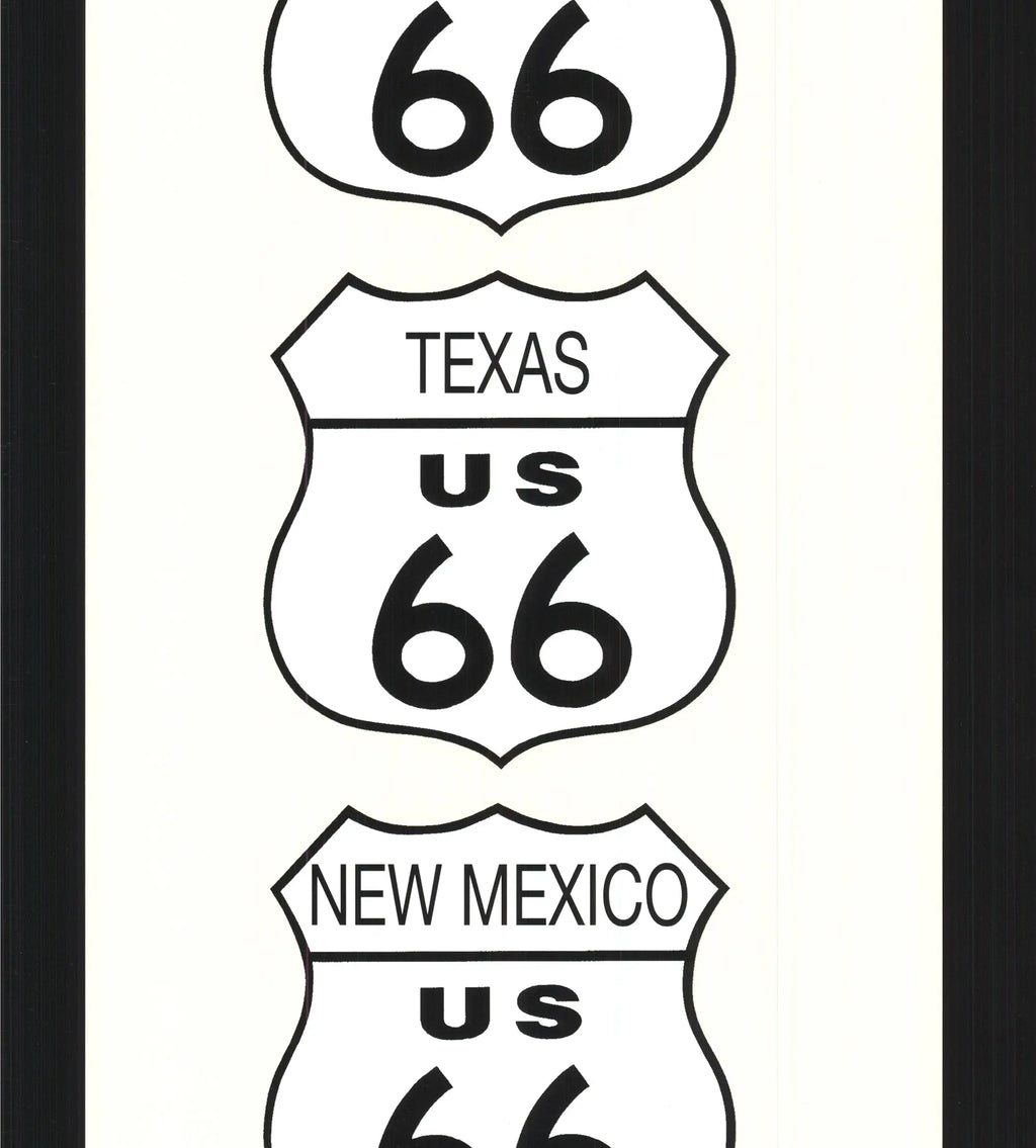 Vintage Route 66 art poster by Rod Kennedy featuring retro offset lithograph style, ideal for classic car and travel decor.
