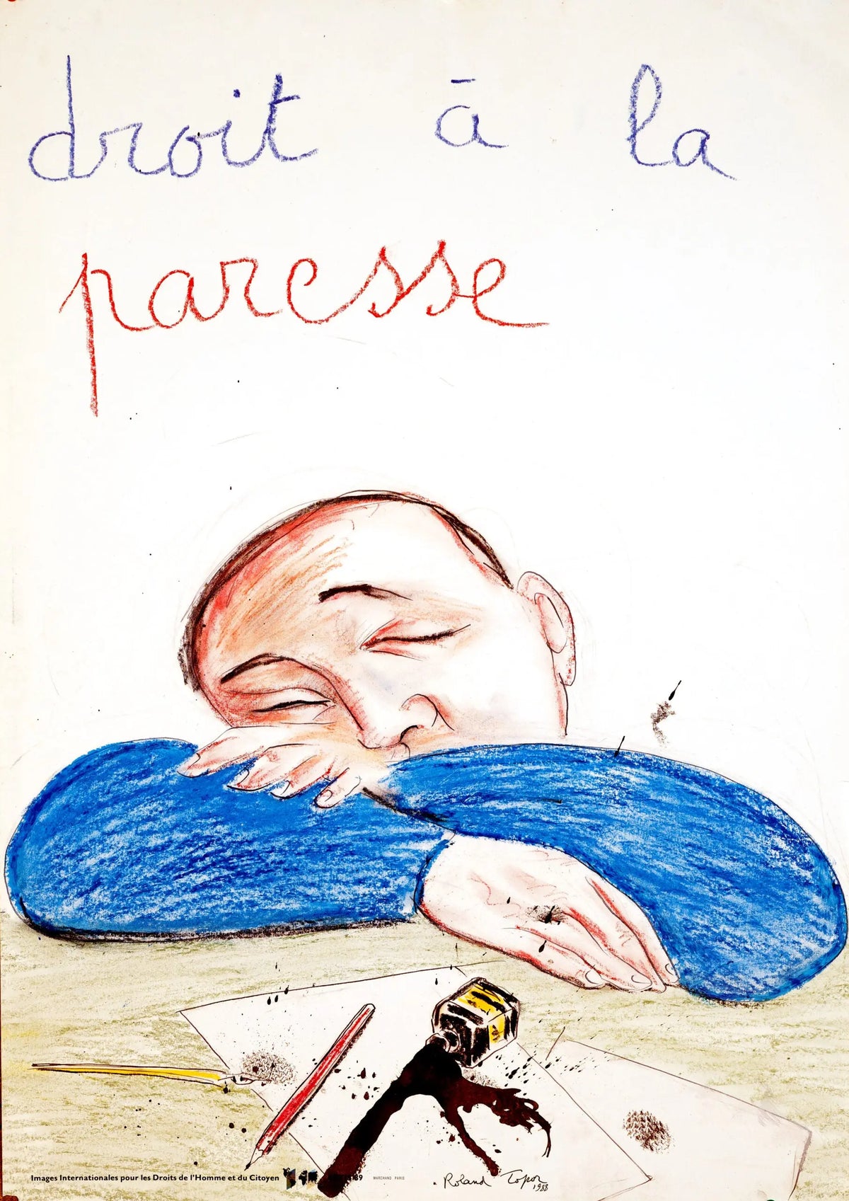 Original Roland Topor 1989 Human Rights Droit à la Paresse poster featuring artwork on human rights and leisure by artist Roland Topor.