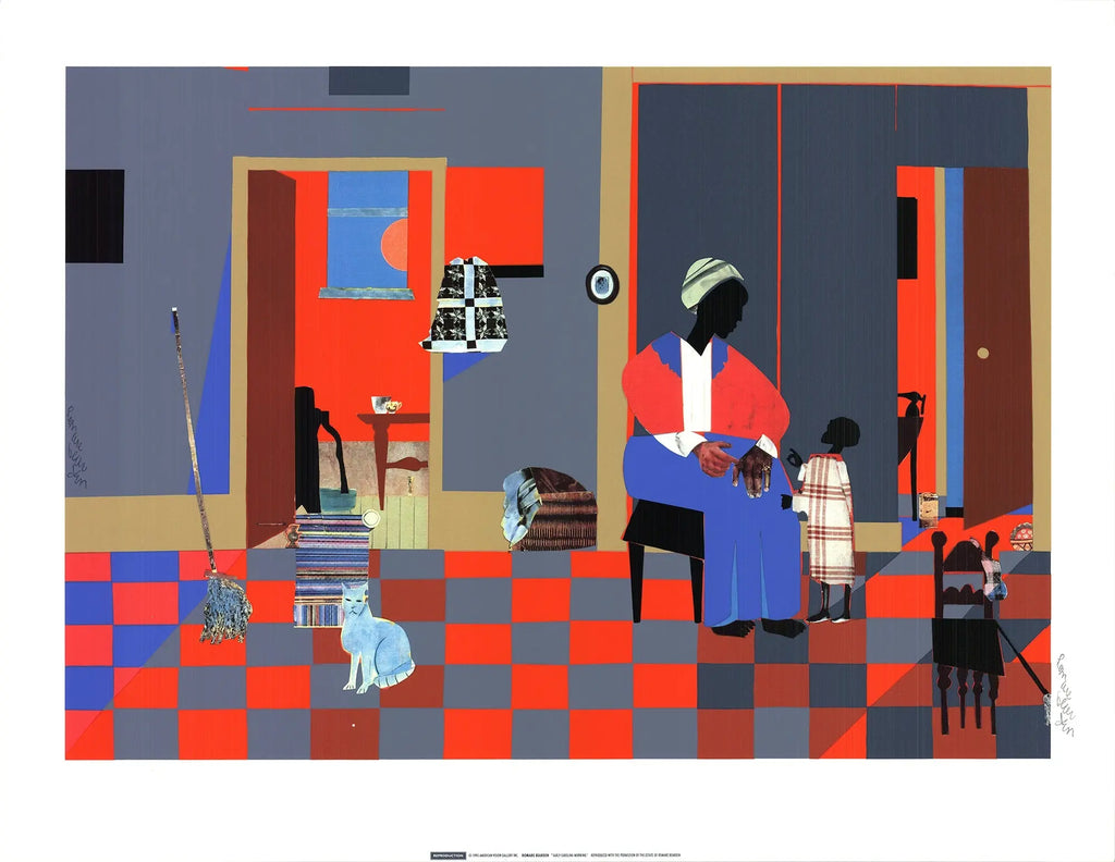 Romare Bearden Early Carolina Morning 1995 fine art serigraph poster, colorful abstract scene depicting morning in Carolina.