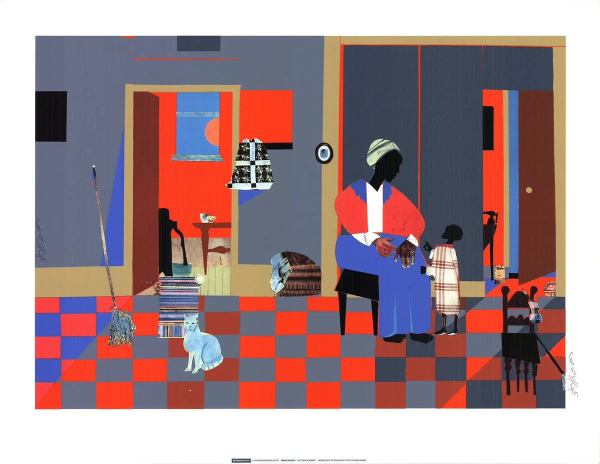 Romare Bearden Early Carolina Morning 1995 fine art serigraph poster, colorful abstract scene depicting morning in Carolina.