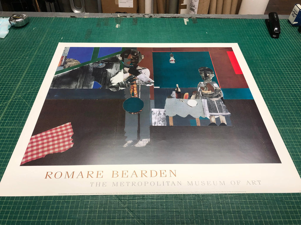 Romare Bearden The Woodshed 1999 offset lithograph art poster featuring vibrant colors and detailed scene.