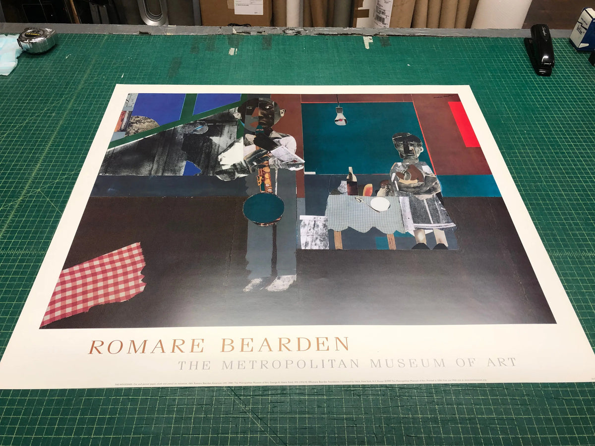 Romare Bearden The Woodshed 1999 offset lithograph art poster featuring vibrant colors and detailed scene.
