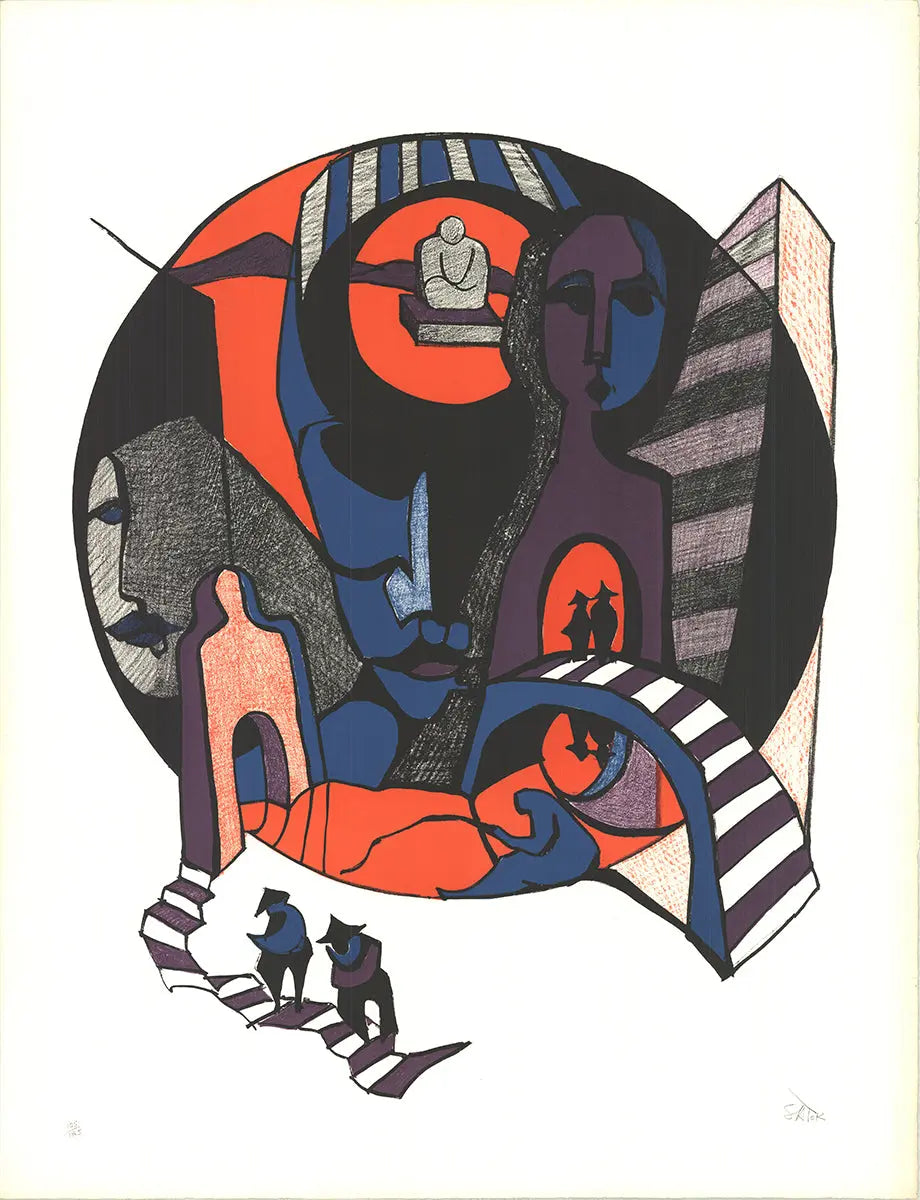 Signed Ronald Satok Septology I 1972 abstract lithograph print showing bold shapes and vibrant colors on textured paper.