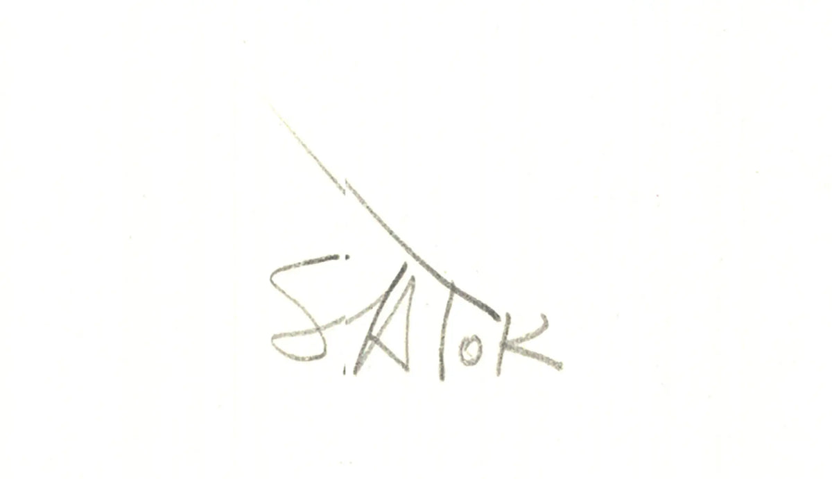Signed Ronald Satok Septology I 1972 abstract lithograph print showcasing bold geometric shapes and vibrant colors.