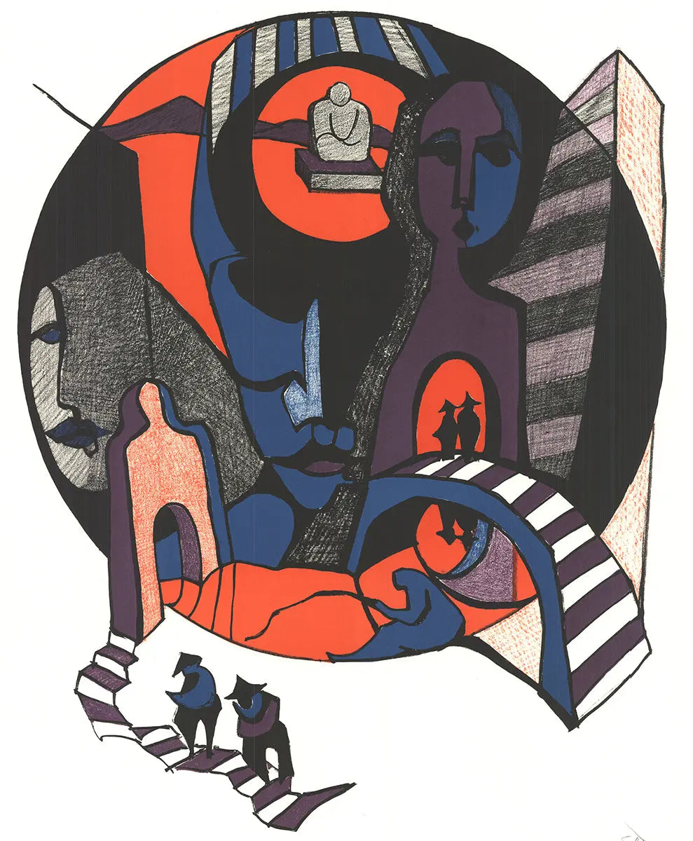 Signed Ronald Satok Septology I 1972 abstract lithograph print showcasing vibrant shapes and textures in a modern art style.