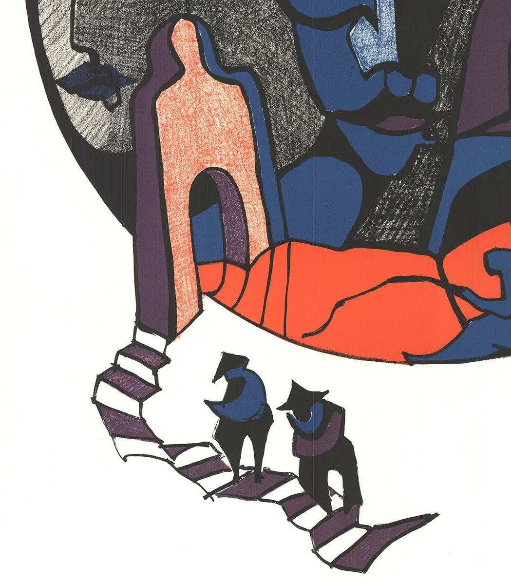 Signed Ronald Satok Septology I 1972 abstract lithograph print with bold, colorful geometric shapes and textured details.