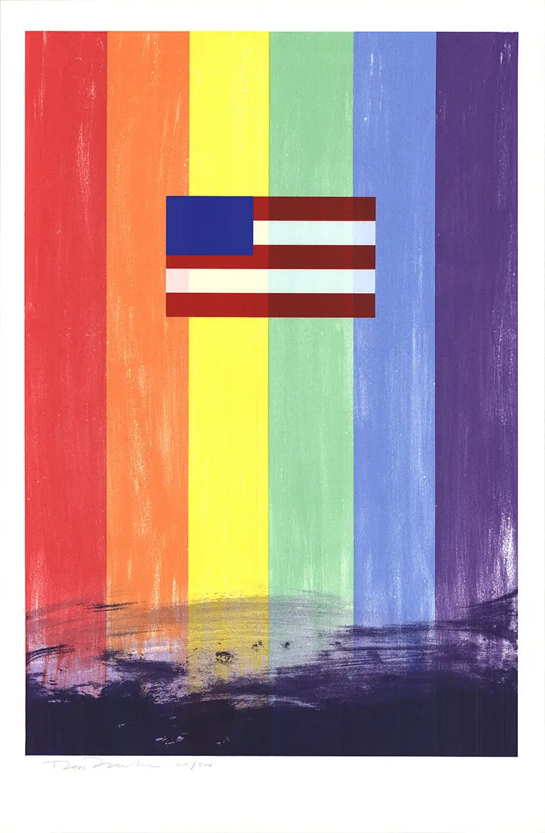 Signed limited edition screenprint art by Ross Bleckner featuring the 1993 Gay Flag design, showcasing vibrant colors and fine details.