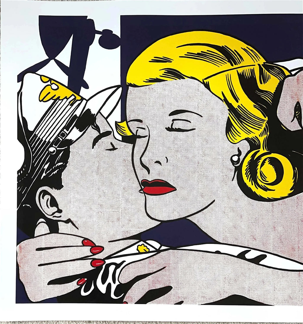 Limited edition Roy Lichtenstein Kiss 1964 art screen print poster featuring bold comic style imagery and vibrant colors.