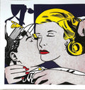 Limited edition Roy Lichtenstein Kiss 1964 art screen print poster featuring bold comic style imagery and vibrant colors.