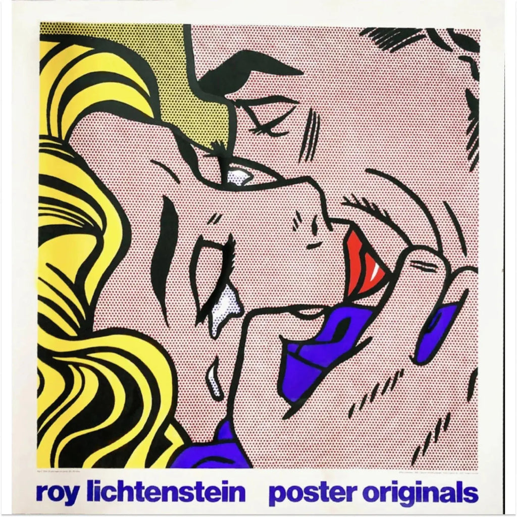Limited edition Roy Lichtenstein Kiss 1964 art screen print poster featuring bold comic-style artwork and vibrant colors.