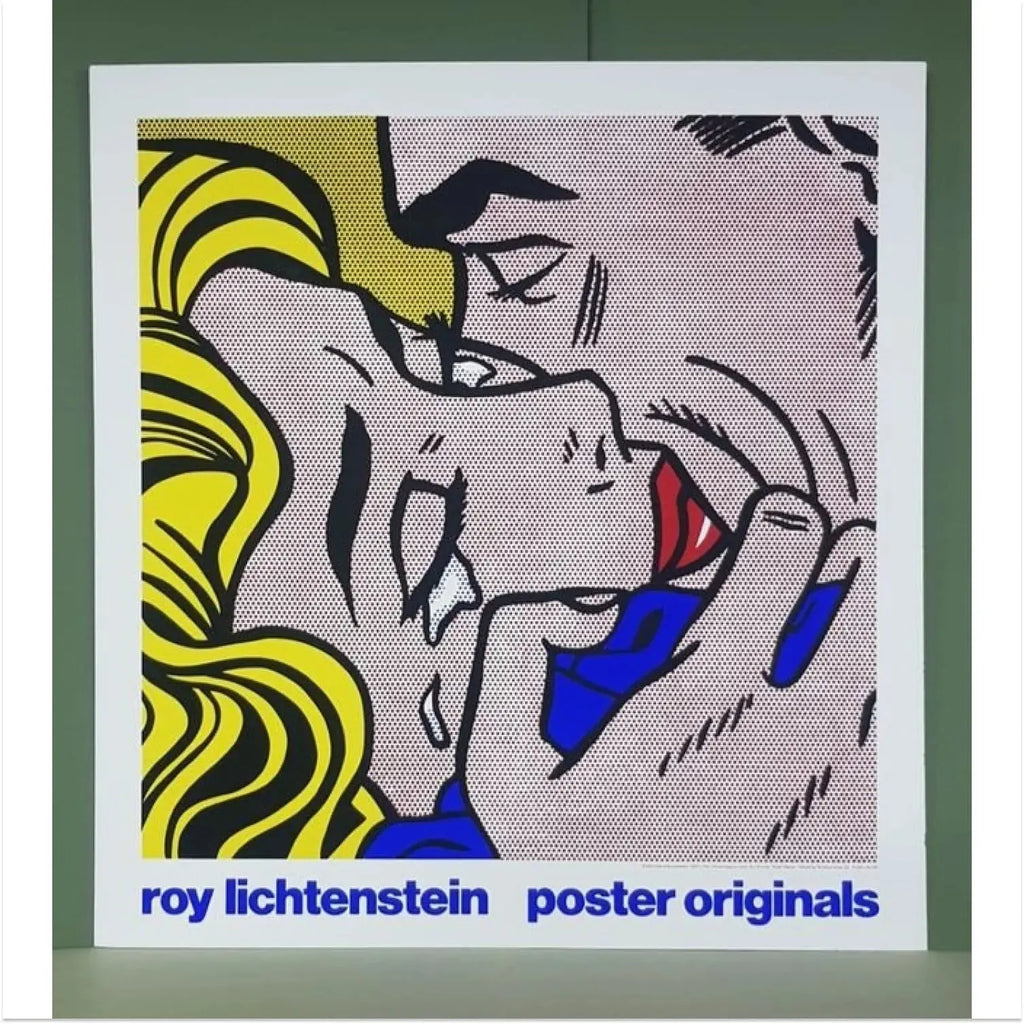 Limited edition Roy Lichtenstein Kiss 1964 art screen print poster showing bold comic-style artwork and vibrant colors.