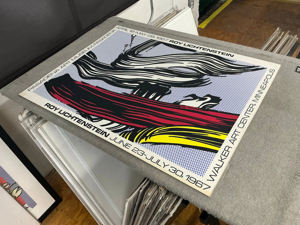 Original Roy Lichtenstein Brushstrokes Pasadena Art Museum 1967 exhibition poster featuring bold comic-style artwork by Roy Lichtenstein.