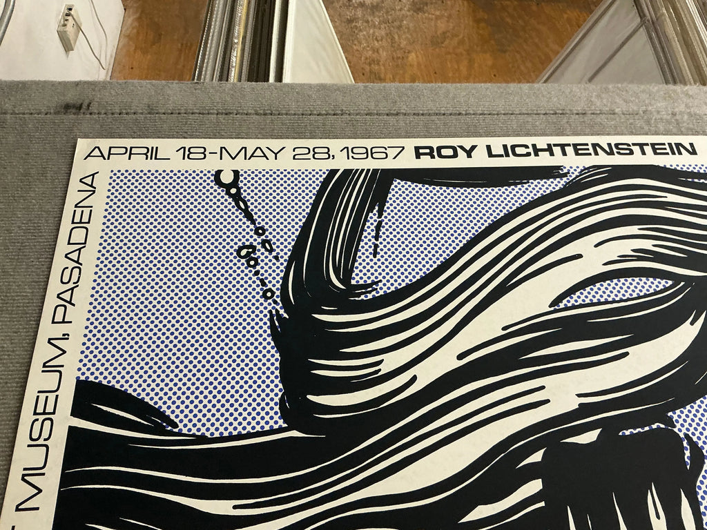 Original Roy Lichtenstein Brushstrokes Pasadena Art Museum 1967 exhibition poster showing vibrant comic-style artwork.