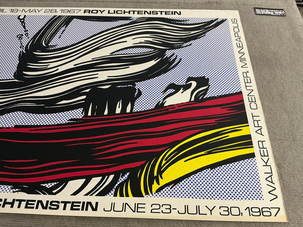 Original Roy Lichtenstein Brushstrokes Pasadena Art Museum 1967 exhibition poster featuring vibrant comic-style artwork.