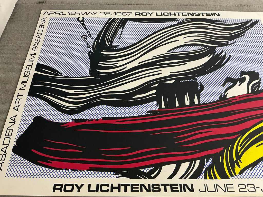 Original Roy Lichtenstein Brushstrokes Pasadena Art Museum 1967 exhibition poster showing bold, colorful artwork by the pop artist.