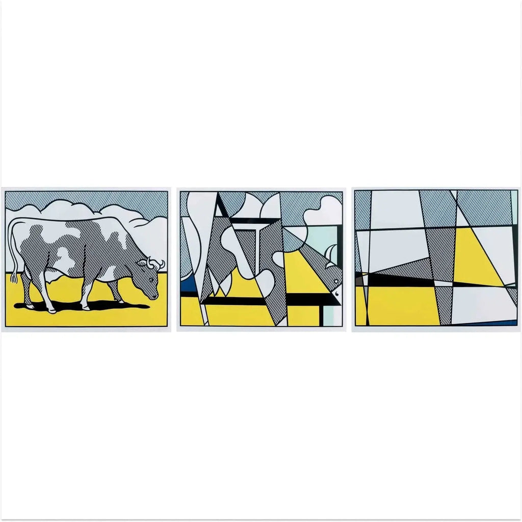 Limited edition Roy Lichtenstein pop art print featuring an abstract cow design in vibrant comic book style.