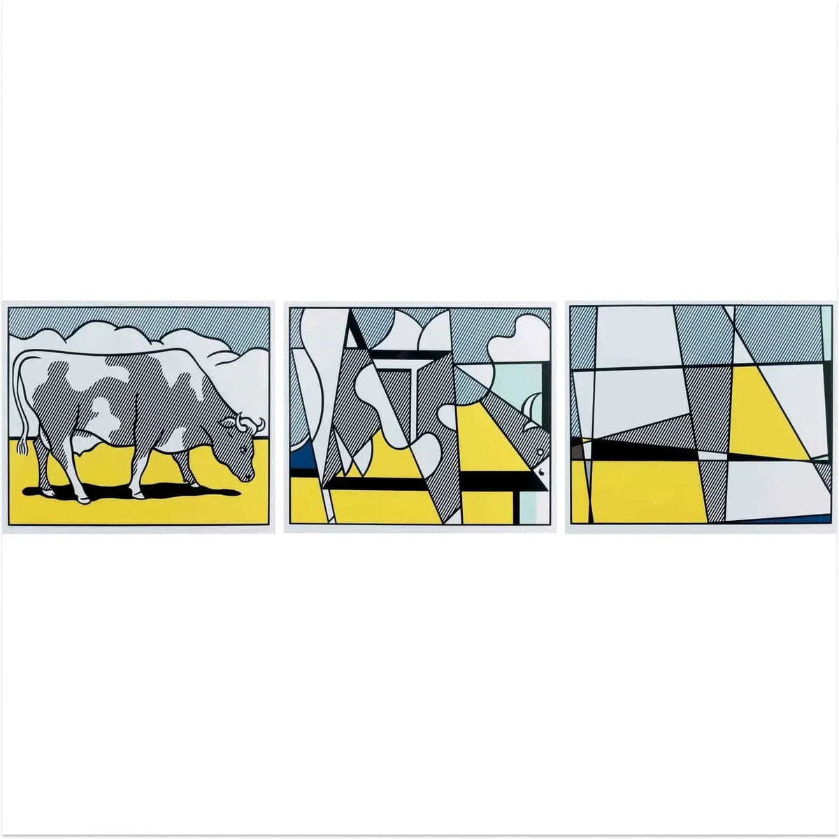 Limited edition Roy Lichtenstein pop art print featuring an abstract cow design in vibrant comic book style.