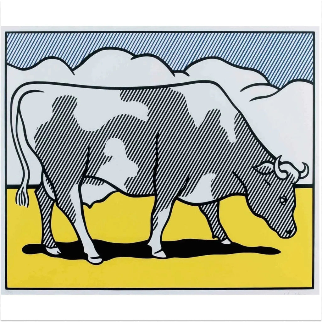 Limited edition Roy Lichtenstein pop art print featuring a cow in abstract style, showcasing bold colors and graphic comic-inspired design.