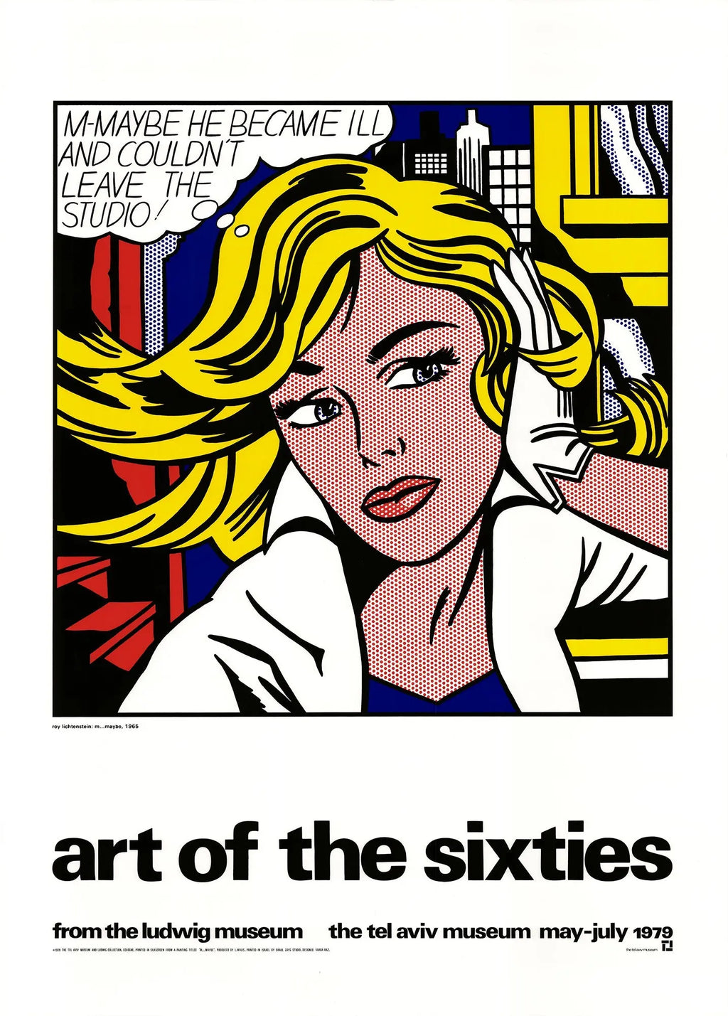 Vintage Roy Lichtenstein "M Maybe" 1979 serigraph poster featuring bold comic-style artwork and vibrant colors.